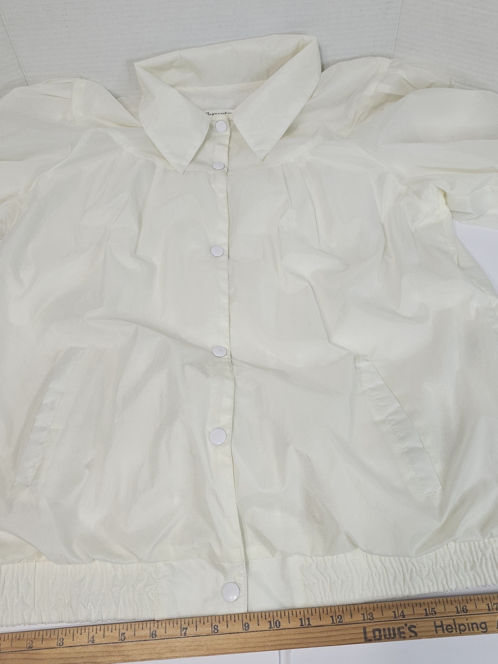 Vtg Current Seen Women L Cream Nylon Jacket Cotton Lined Snap Front Puff Sleeve - Picture 4 of 11